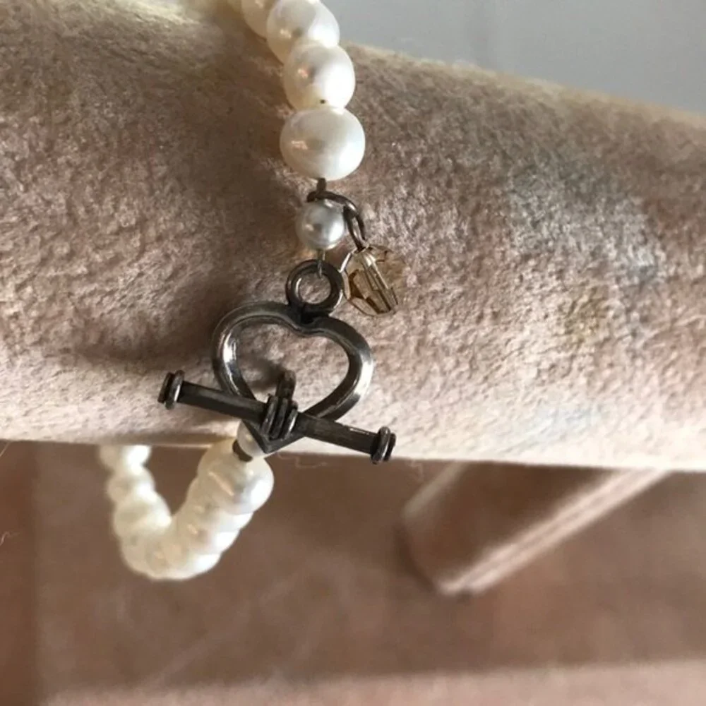Vintage Bronze White Pearl Swarovski Crystal Sterling Silver Bracelet 7.5 Inch